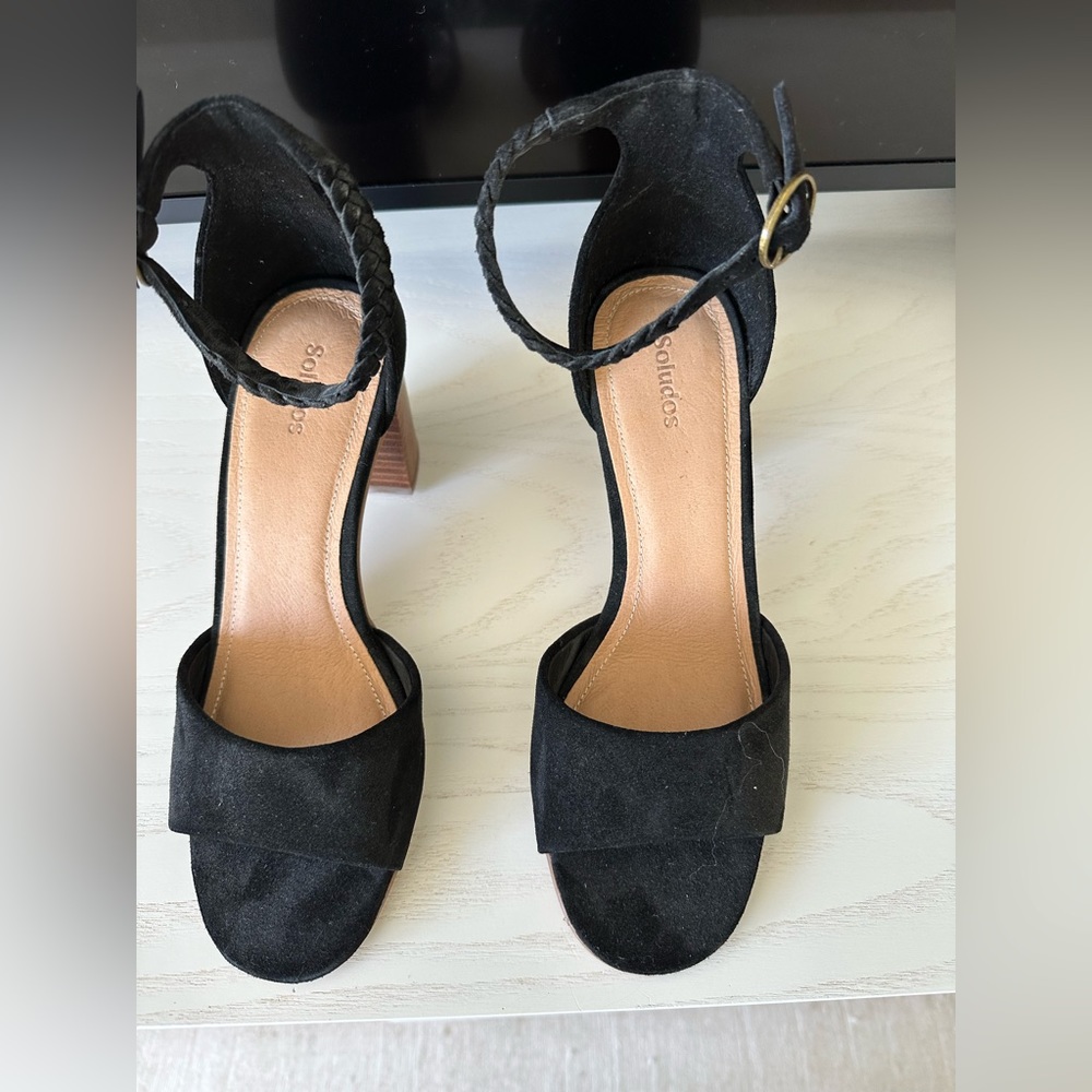 Black suede sandals mid block heel. Size 7.